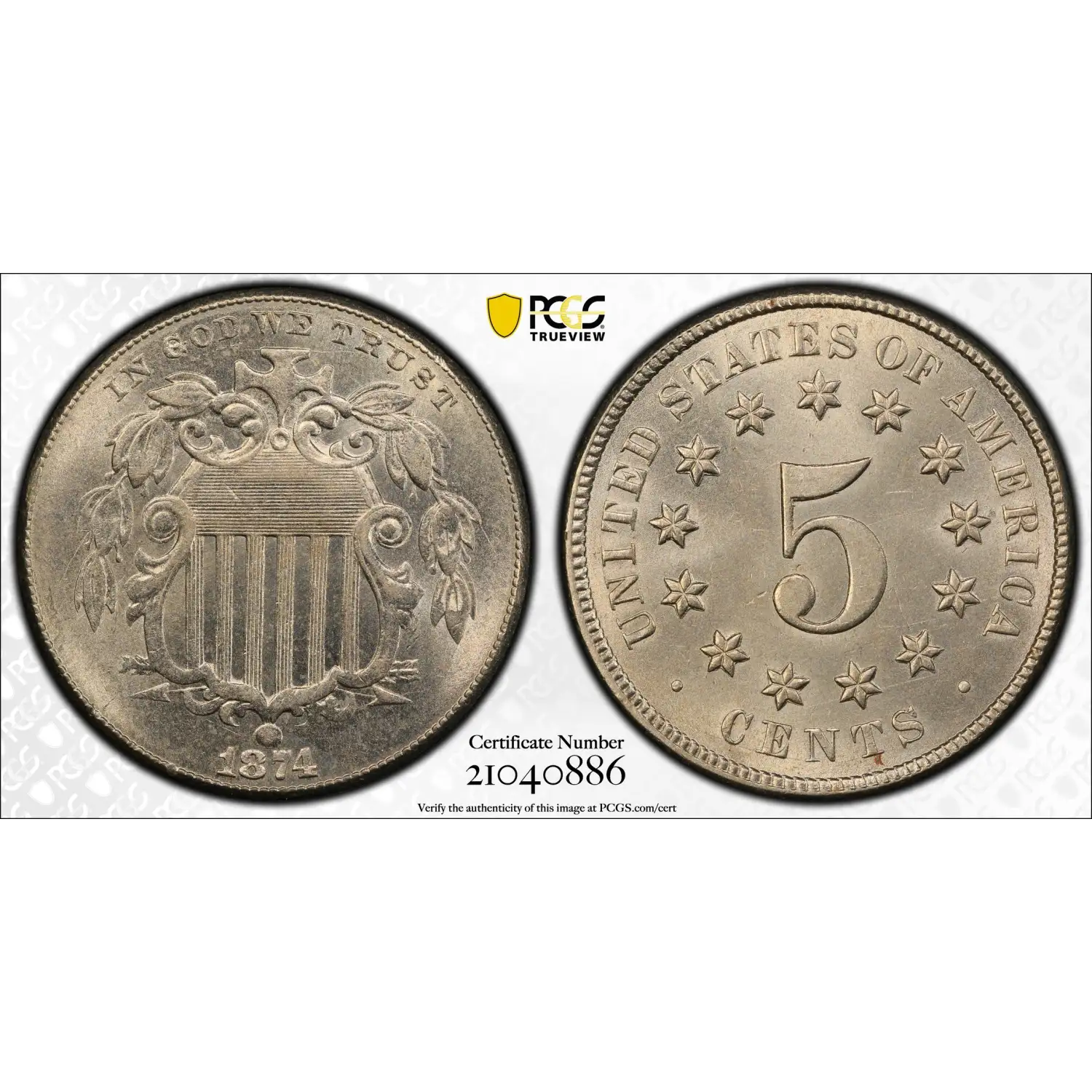 1874 Shield Nickel PCGS MS-65